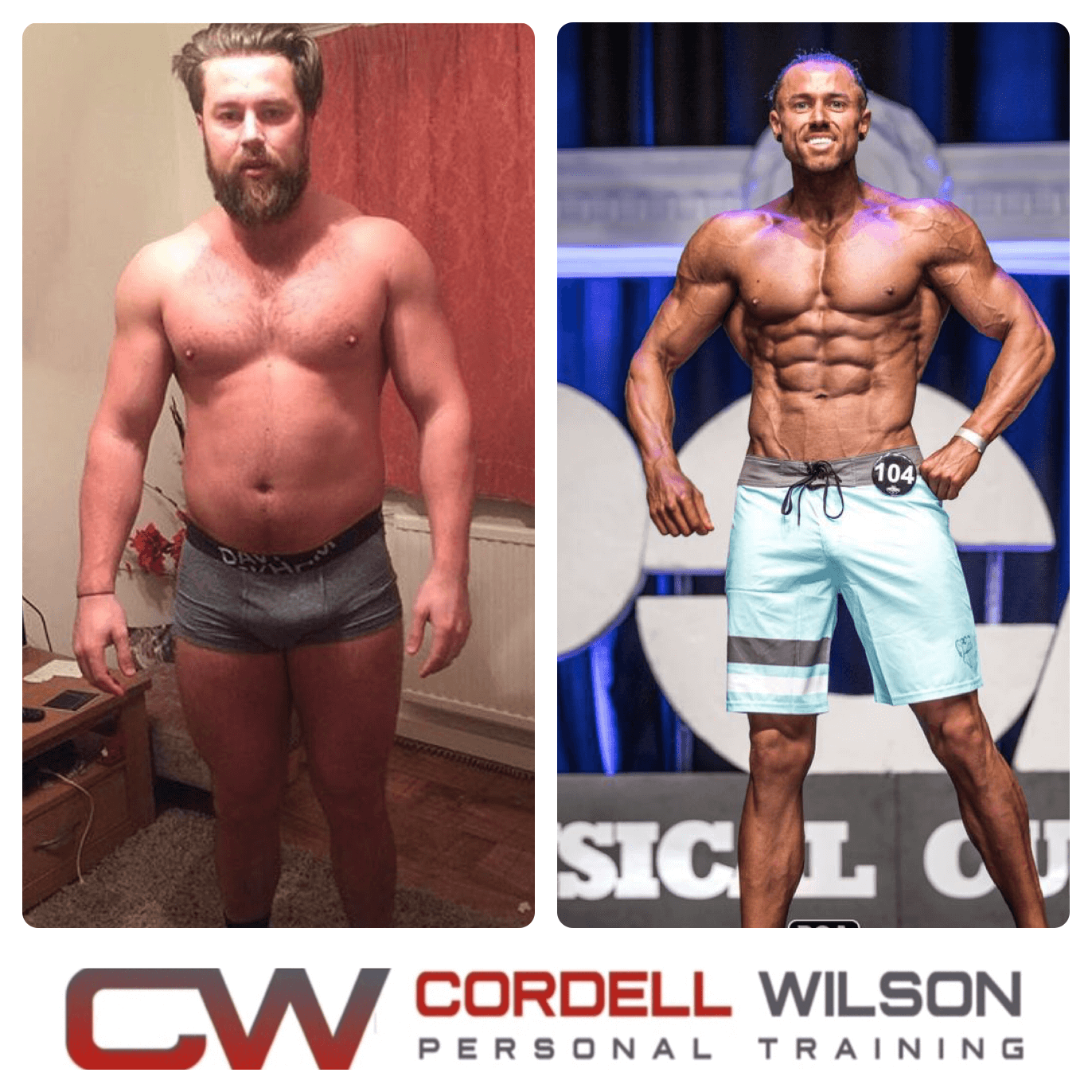 Client transformation after training for 20 weeks with Cordell Wilson Personal Training, focusing on abdominal fat loss and strength.
